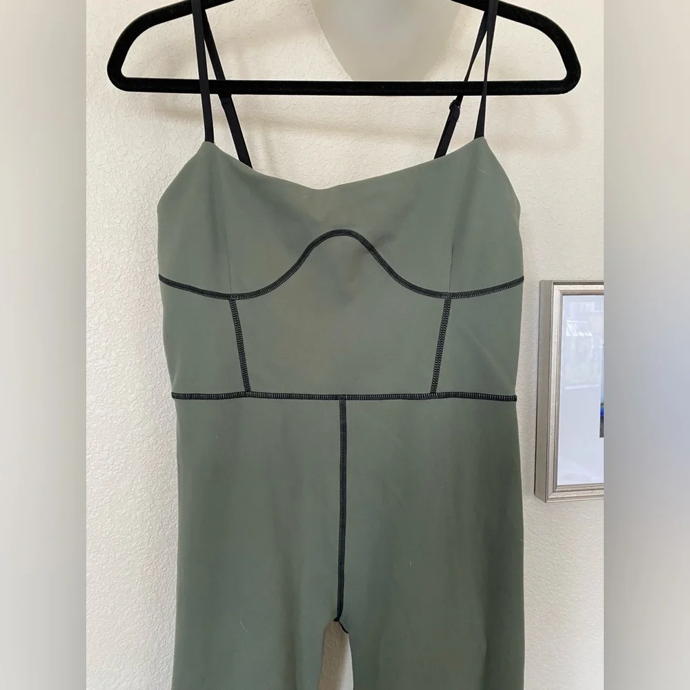WeWoreWhat Exposed Seam Ankle Flared Activewear Jumpsuit - Army Green - Large - Picture 4 of 8